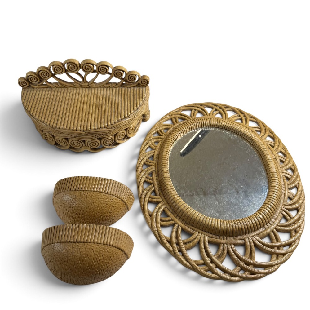 Vintage Burwood Faux Rattan Wicker Wall Mirror Shelf Planter Set 4pc Boho Tan